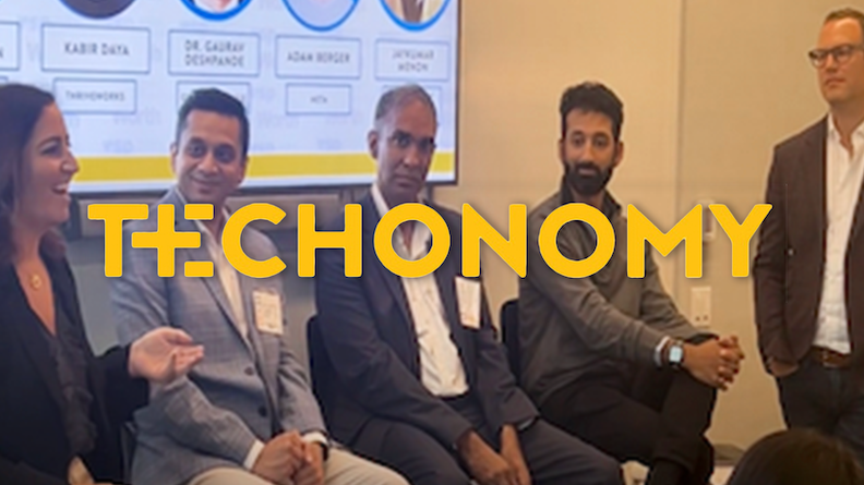 Panelists for "AI for Access" event with Techonomy logo