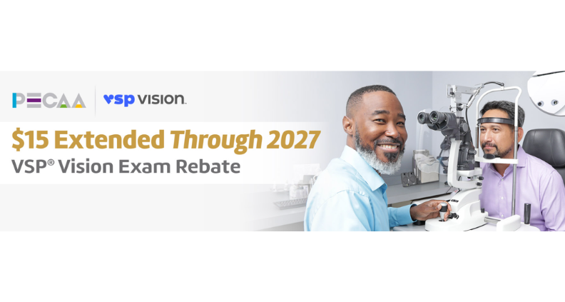 A graphic depicting an eye doctor looking at the camera, smiling while the patient is waiting to get his eyes checked. The graphic also has the PECAA and VSP Vision logo with text about the $15 Extended VSP Vision Exam Rebate through 2027.