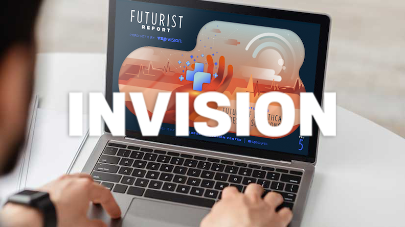 An image of a Futurist Report logo on a laptop screen with the Invision logo over it. 