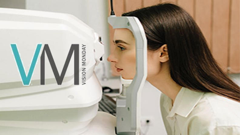 An image of a patient receiving an eye exam with the Vision Monday logo on the left. 